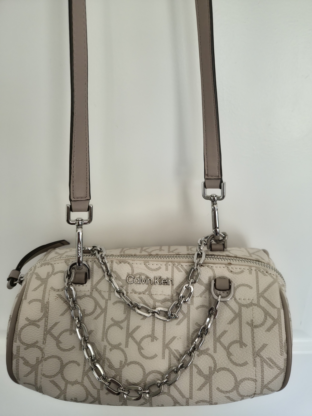 Calvin Klein Cream and Taupe Monogram Shoulder Bag with Silver Chain